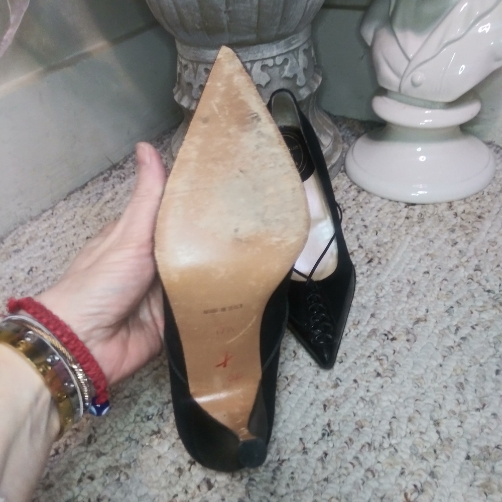 Vintage Christian Dior Sexy Black Corset Lacing Pointed Toe Suede, Leather Pumps - Picture 6 of 8